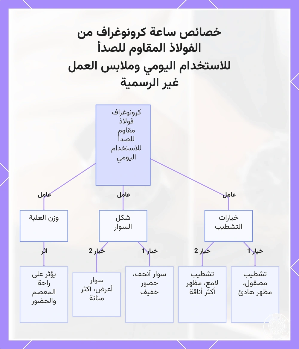 خصائص ساعة كرونوغراف من الفولاذ المقاوم للصدأ للاستخدام اليومي وملابس العمل غير الرسمية