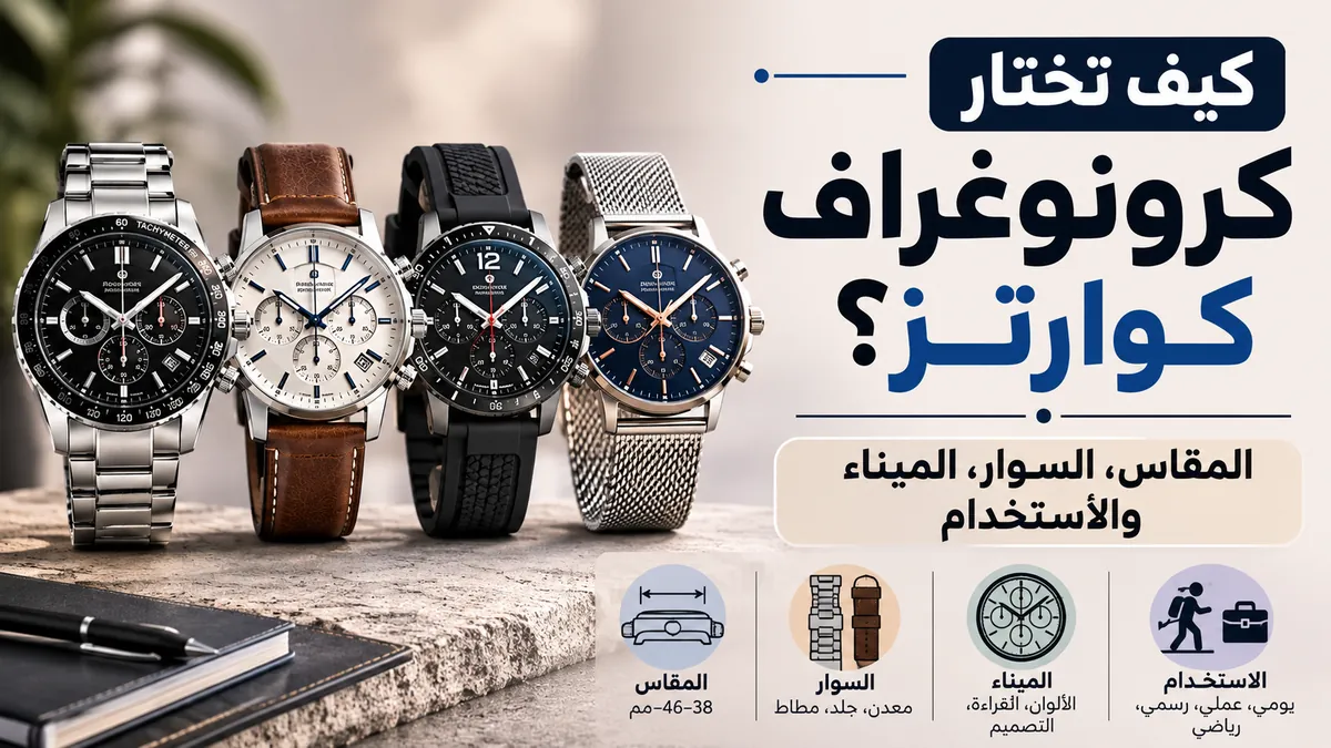 ساعات كرونوغراف كوارتز مختلفة للرجال تتم مقارنتها حسب المقاس والسوار والميناء وطريقة الاستخدام