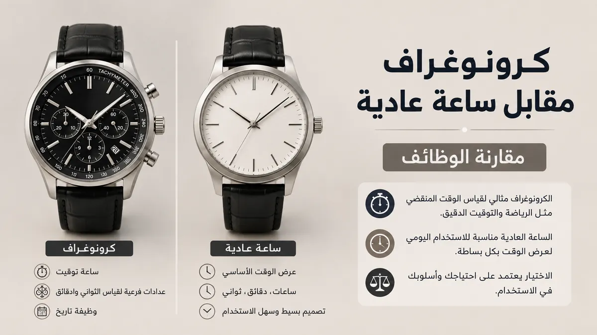 ساعة كرونوغراف كوارتز للرجال بجانب ساعة عادية بثلاثة عقارب للمقارنة بين الوظائف