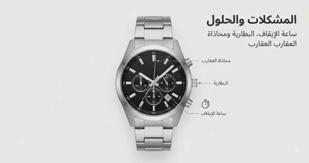 ساعة كرونوغراف كوارتز للرجال يتم فحصها لمشكلات ساعة الإيقاف والبطارية ومحاذاة العقارب