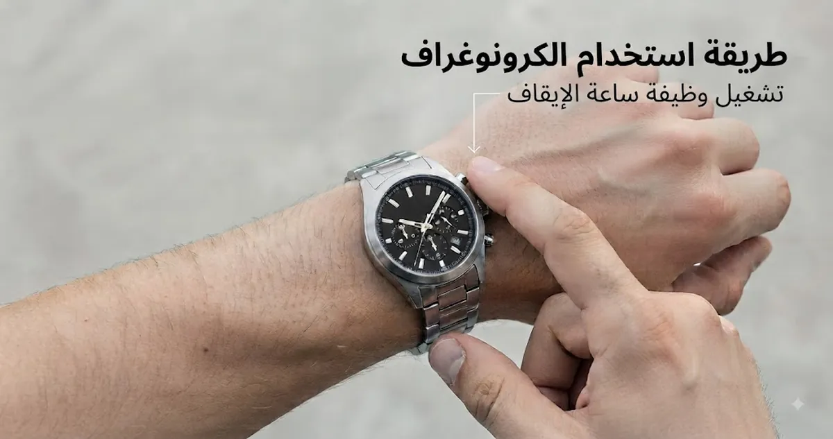 شخص يضغط على زر جانبي في ساعة كرونوغراف كوارتز للرجال لتشغيل وظيفة ساعة الإيقاف