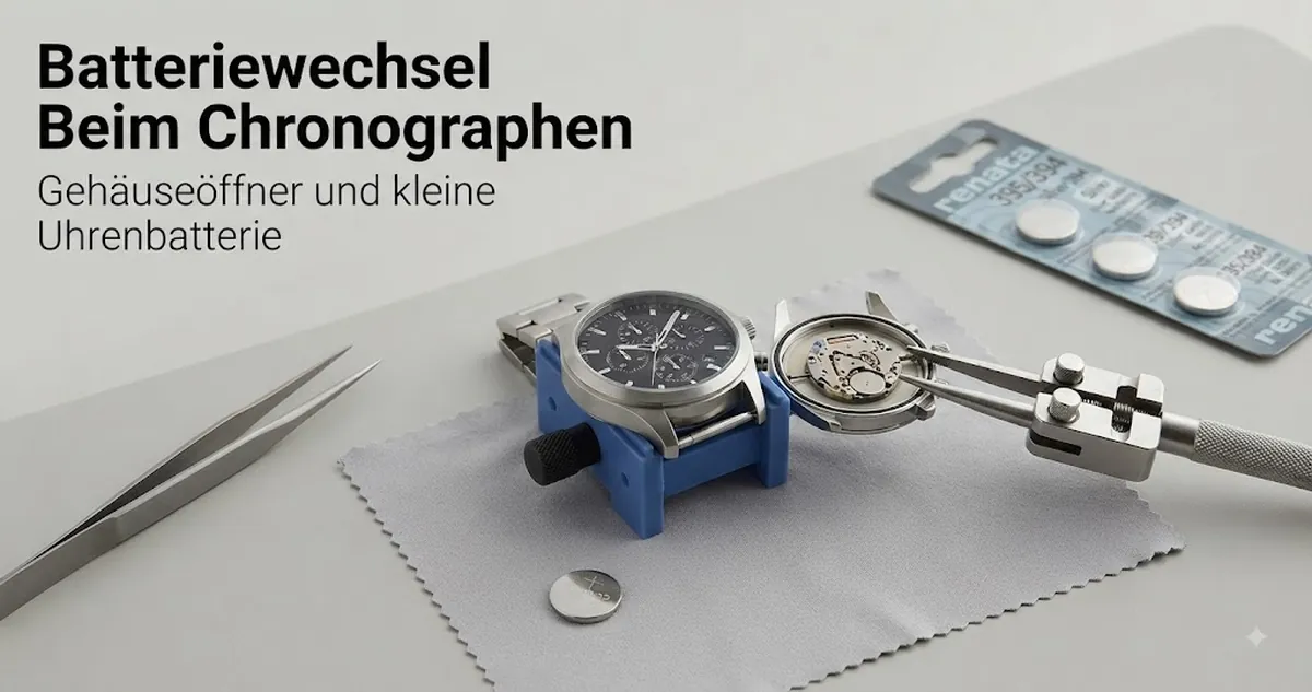 Vorbereitung für den Batteriewechsel eines Quarz-Chronographen für Herren mit Gehäuseöffner und kleiner Uhrenbatterie