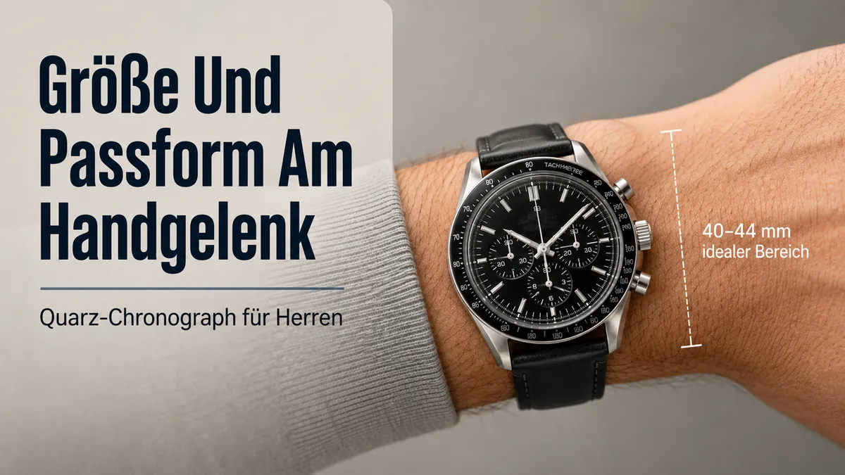 Quarz-Chronograph für Herren am Handgelenk zur Darstellung von Gehäusegröße und Passform