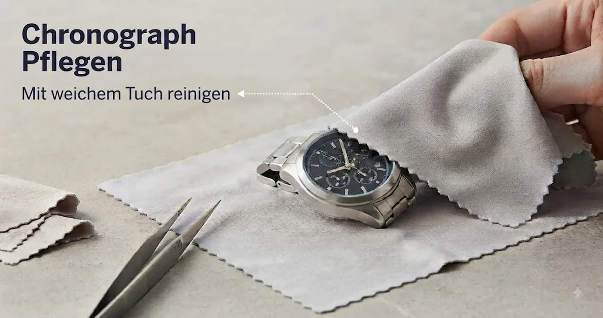 Quarz-Chronograph für Herren wird zur regelmäßigen Pflege mit einem weichen Tuch gereinigt