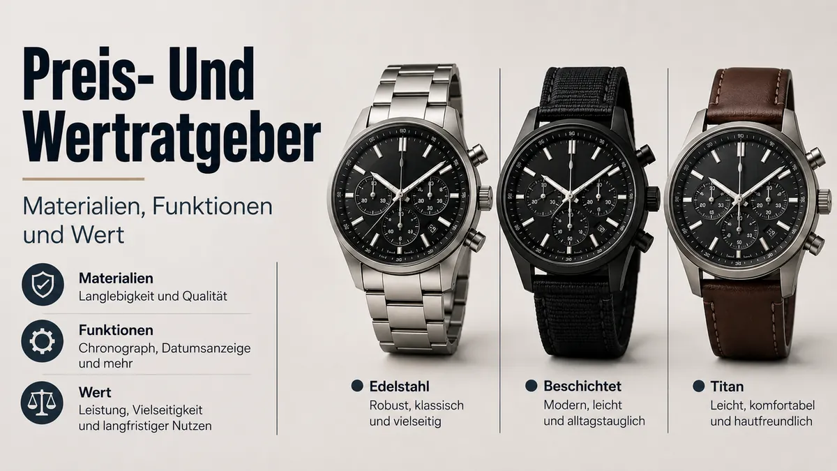 Quarz-Chronographen für Herren angeordnet zum Vergleich von Materialien, Funktionen und Wert