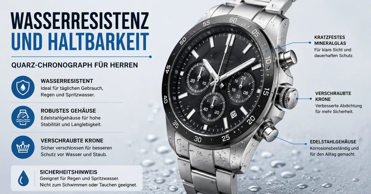 Wasserdichter Quarz-Chronograph für Herren mit Edelstahlgehäuse und abgedichteter Krone