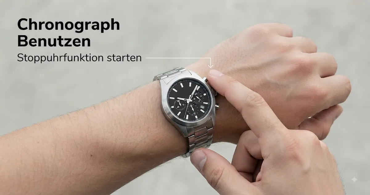 Person drückt den Drücker eines Quarz-Chronographen für Herren, um die Stoppuhrfunktion zu starten