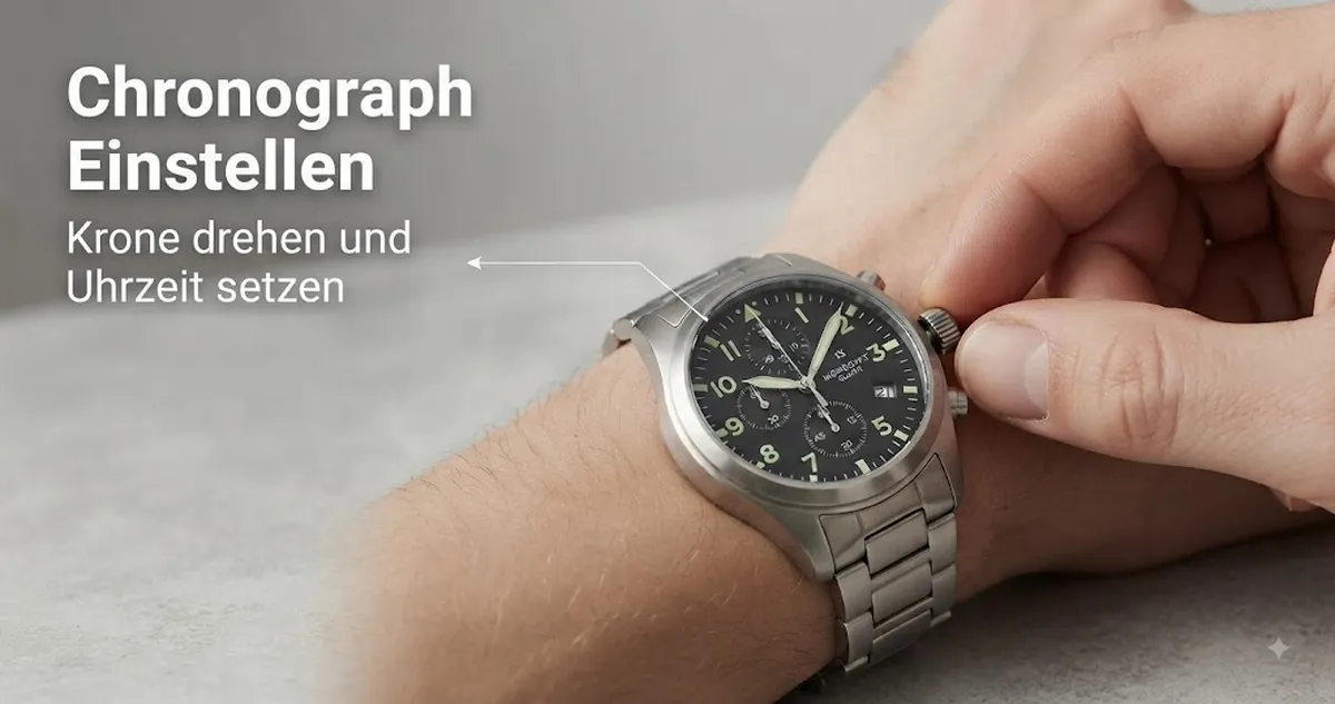 Hände stellen die Krone eines Quarz-Chronographen für Herren ein, um die Uhrzeit zu setzen