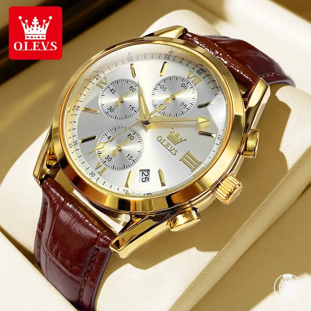 Quarz-Chronograph für Herren mit Lederarmband, wasserdichtem Gehäuse und Leuchtanzeige