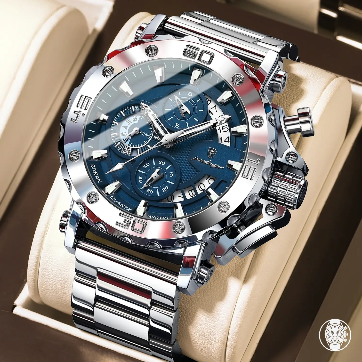 Quarz-Chronograph für Herren aus Edelstahl mit Kalender, Leuchtanzeige und wasserdichtem Gehäuse