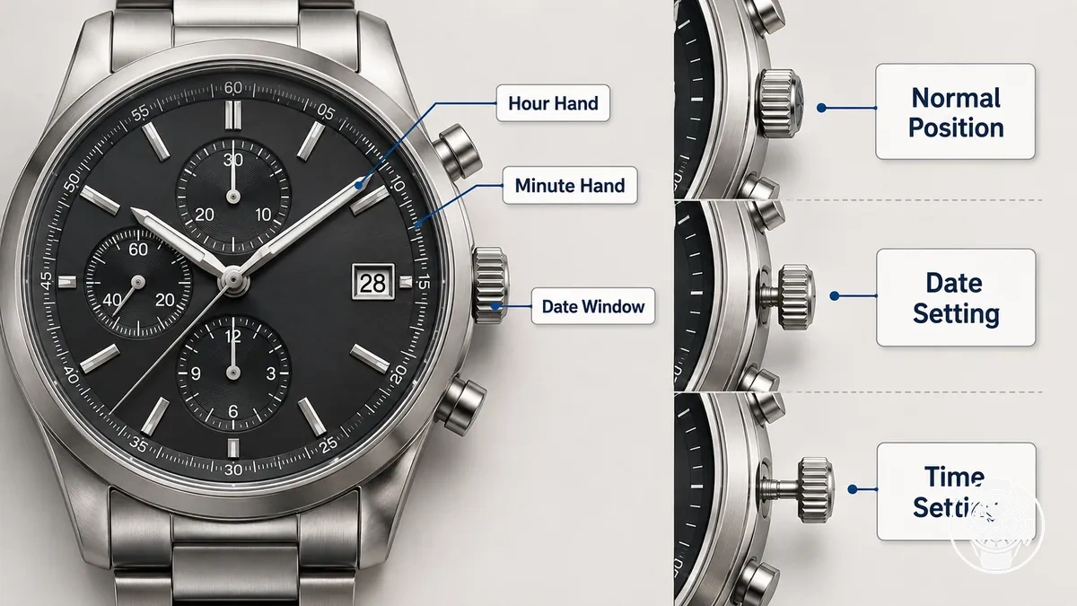 Kronenpositionen für Normalbetrieb, Datums- und Zeiteinstellung an einem Quarz-Chronographen