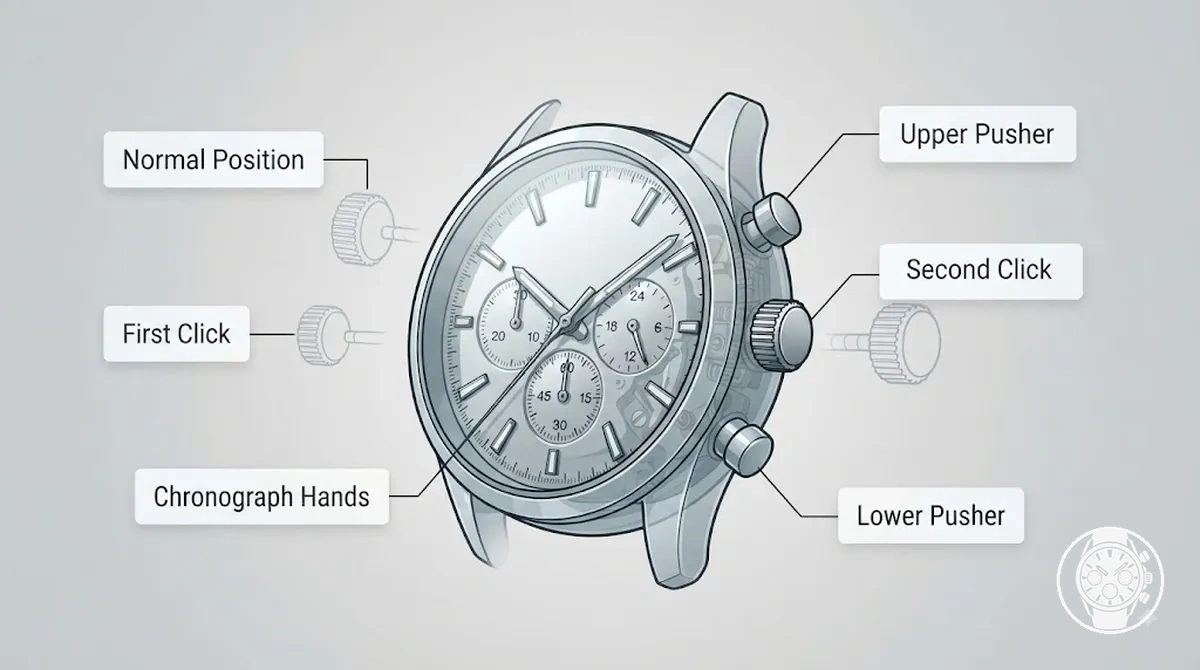 Beschriftete Kronenpositionen und Drücker an einem Quarz-Chronographen für Herren