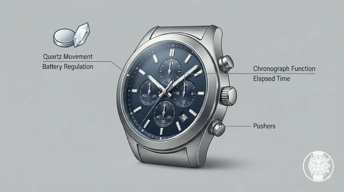 Beschriftete Quarz-Chronographenuhr für Herren mit Hilfszifferblättern, Drückern und analoger Zeitmessanzeige
