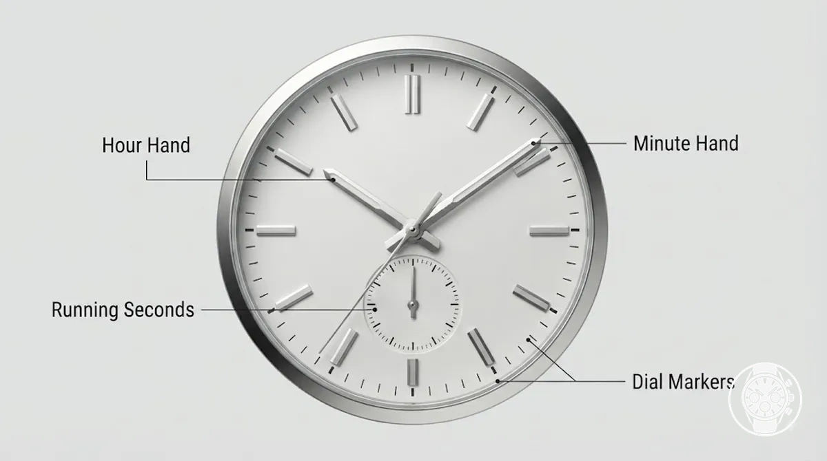 Nahaufnahme eines Chronographenzifferblatts mit Stundenzeiger, Minutenzeiger und Gangsekundenzeiger.