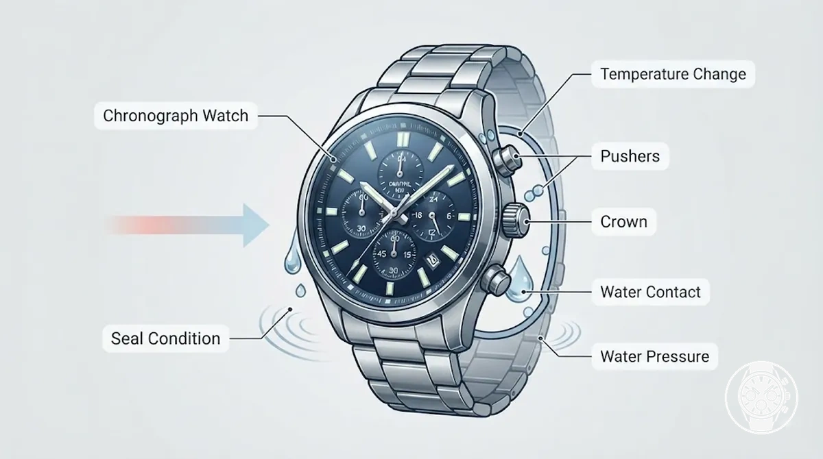 Krone, Drücker und Dichtungen eines Chronographen als Gründe, die Uhr nicht als vollständig wasserdicht zu behandeln.
