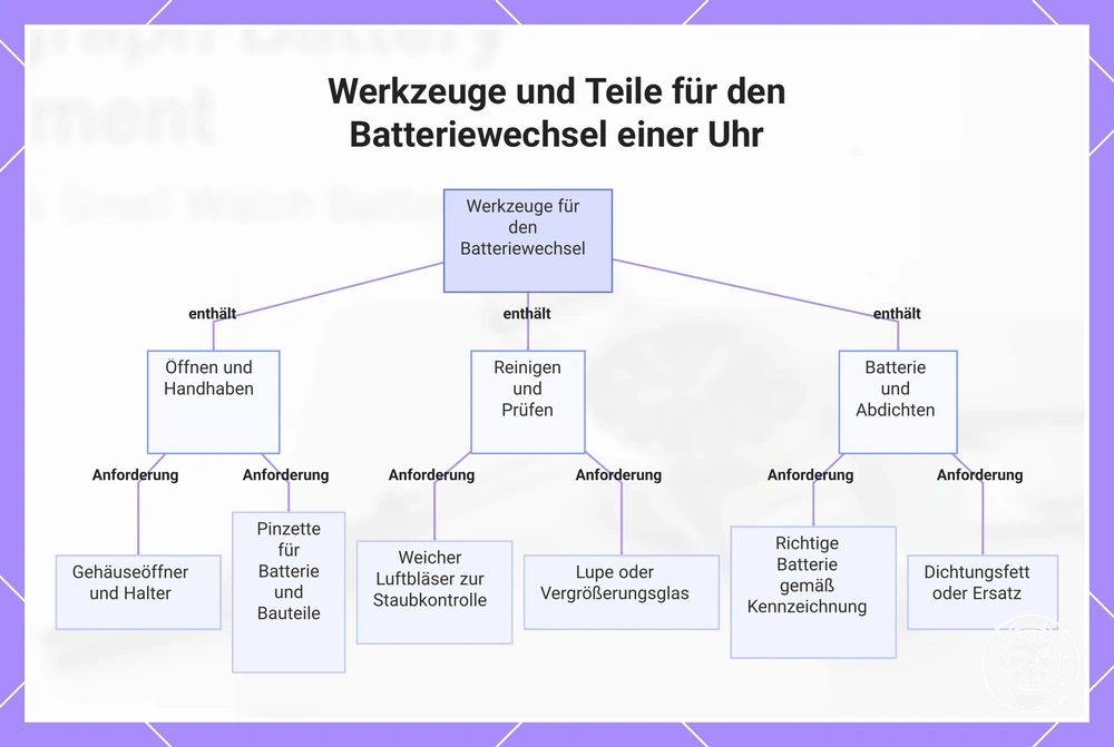 Werkzeuge und Teile für den Batteriewechsel einer Uhr