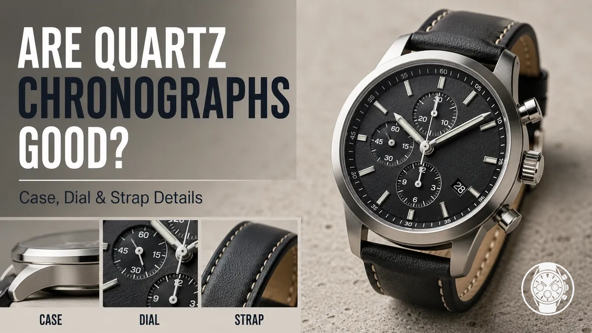 Men’s quartz chronograph watch shown with key quality details such as case, dial, and strap