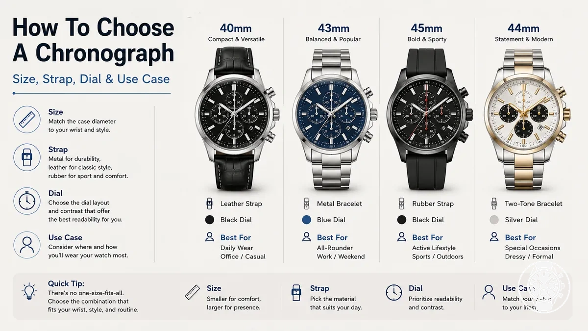 Different men’s quartz chronograph watches compared for size, strap, dial, and use case