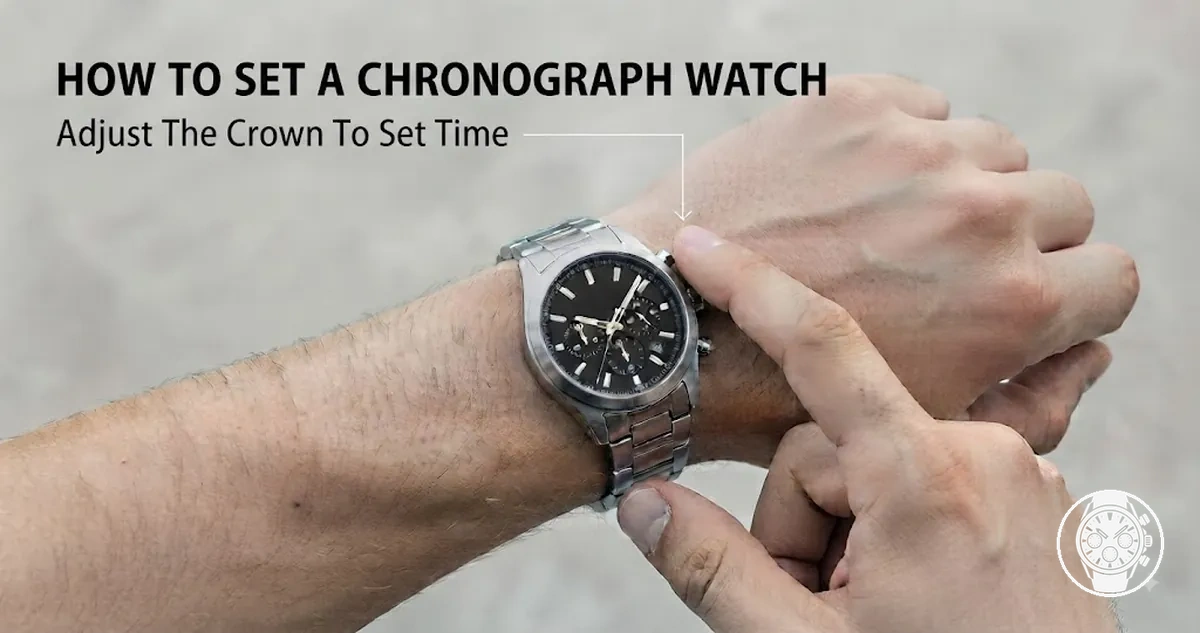 Hands adjusting the crown on a men’s quartz chronograph watch to set the time