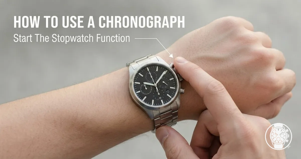 Person pressing the pusher on a men’s quartz chronograph watch to use the stopwatch function
