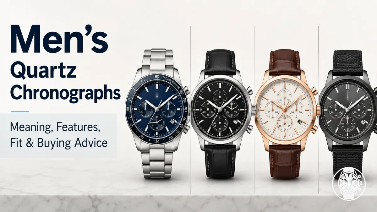 A selection of men’s quartz chronograph watches showing different dials, straps, and case styles