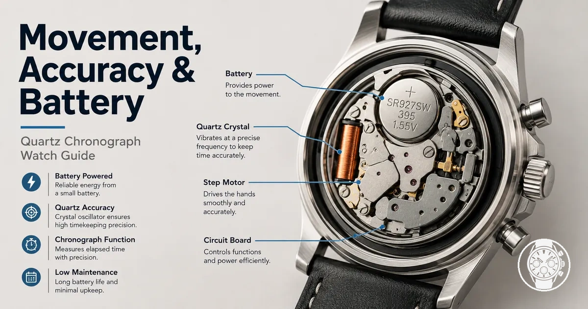 Men’s quartz chronograph watch with an open case back and battery-powered movement concept