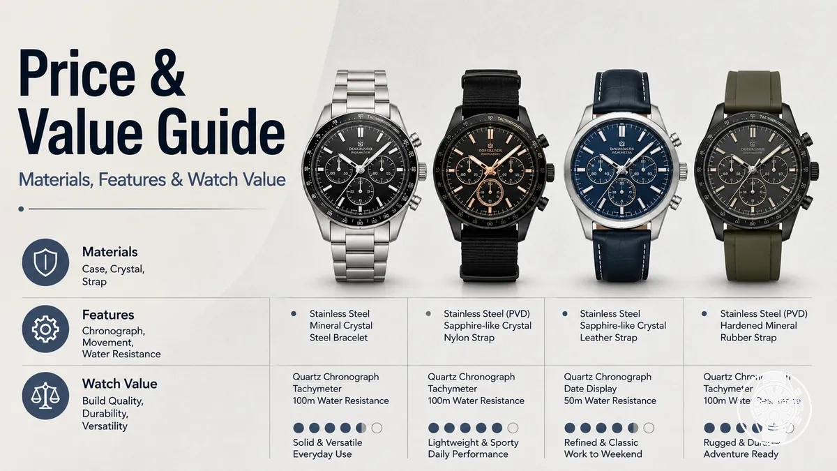 Men’s quartz chronograph watches arranged to compare materials, features, and value