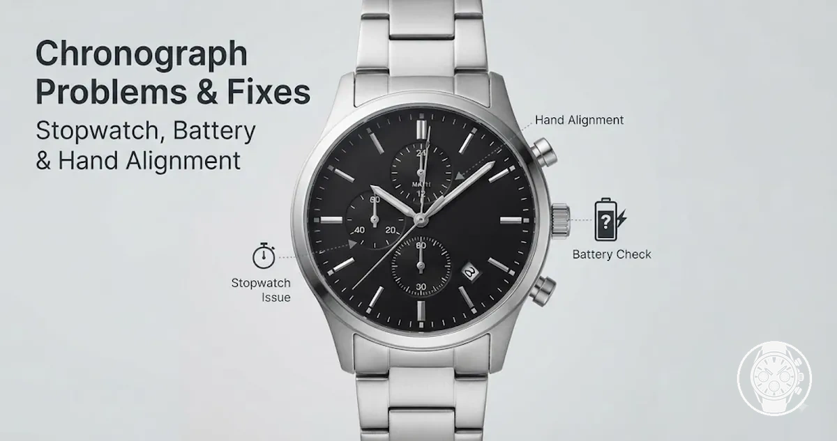 Men’s quartz chronograph watch being checked for stopwatch, battery, and hand alignment problems