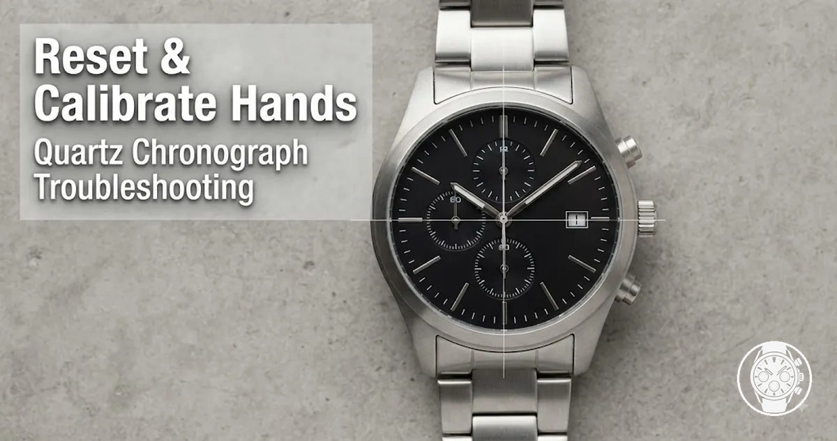 Men’s quartz chronograph watch with hands and subdials aligned for reset and calibration