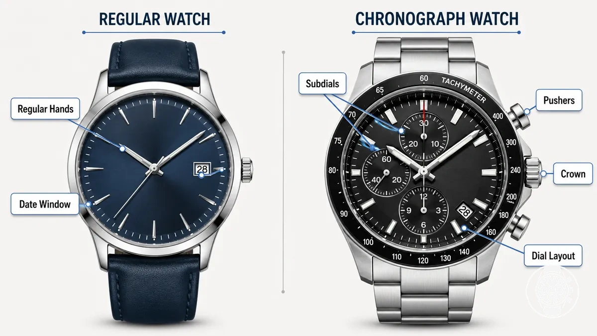 Annotated watch dial comparing chronograph subdials and pushers with regular watch hands and date window