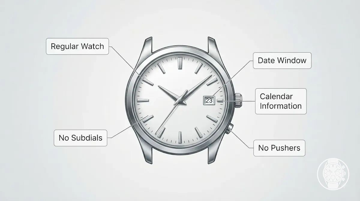 Regular watch with date window showing no chronograph subdials or pushers