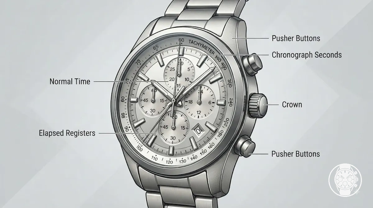 Men’s quartz chronograph watch dial showing pusher buttons, crown, central chronograph seconds hand, and timing displays