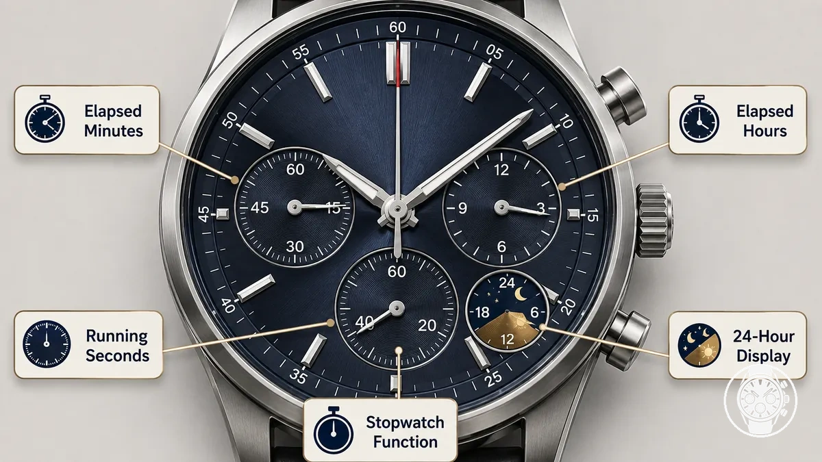 Men’s quartz chronograph watch dial showing subdials for elapsed time and normal time displays