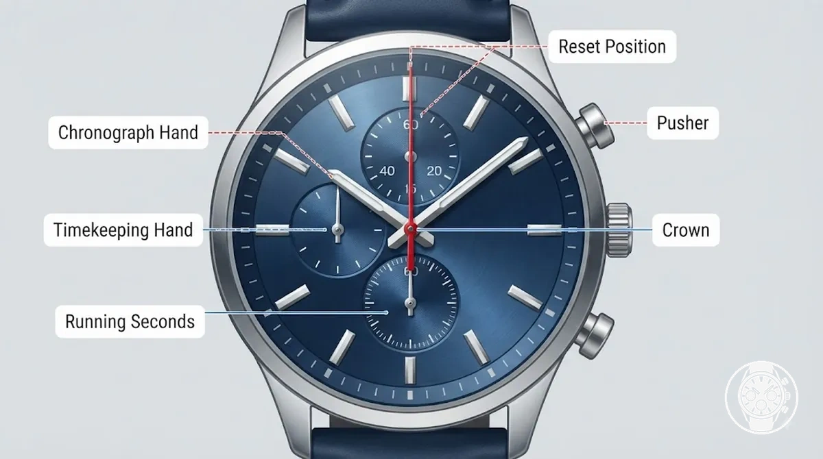 Annotated chronograph watch dial comparing stopwatch hands with normal timekeeping hands and controls