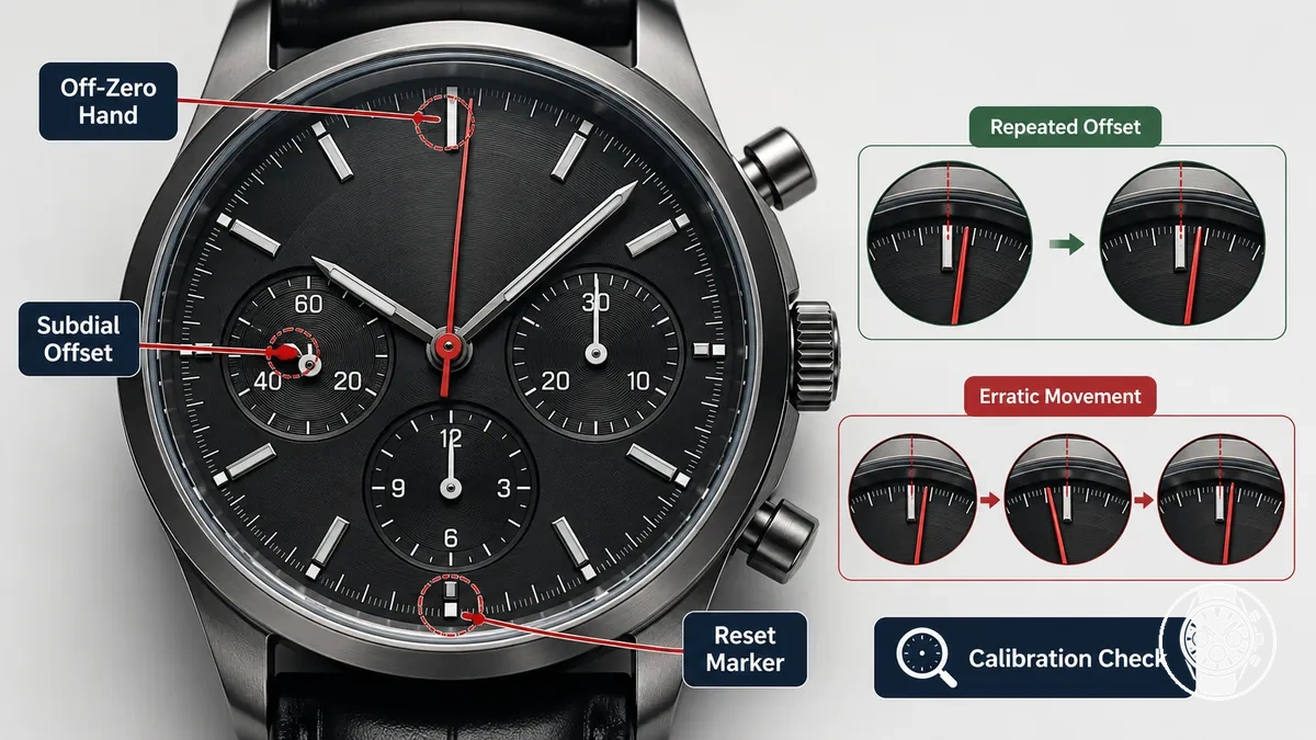 Annotated men’s quartz chronograph dial showing hand misalignment symptoms that may need calibration