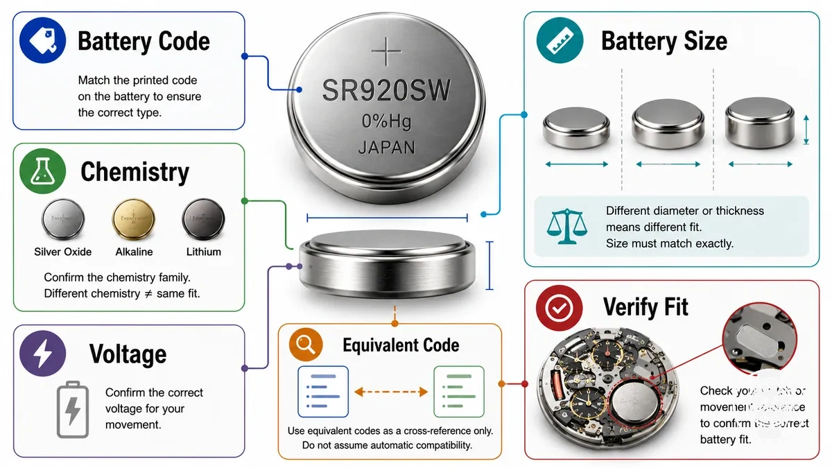 Quartz chronograph battery markings showing type, size, voltage, and equivalent code checks
