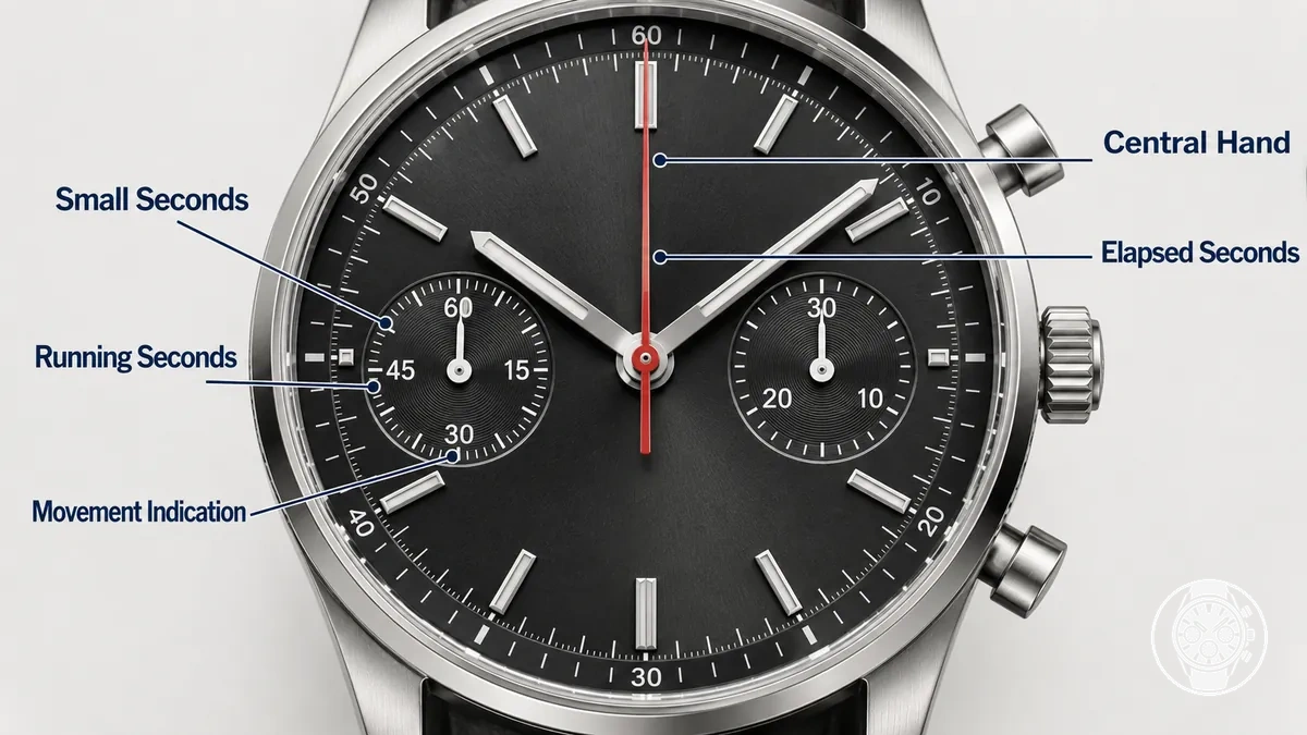 Annotated chronograph dial showing the small seconds display separate from the central chronograph seconds hand