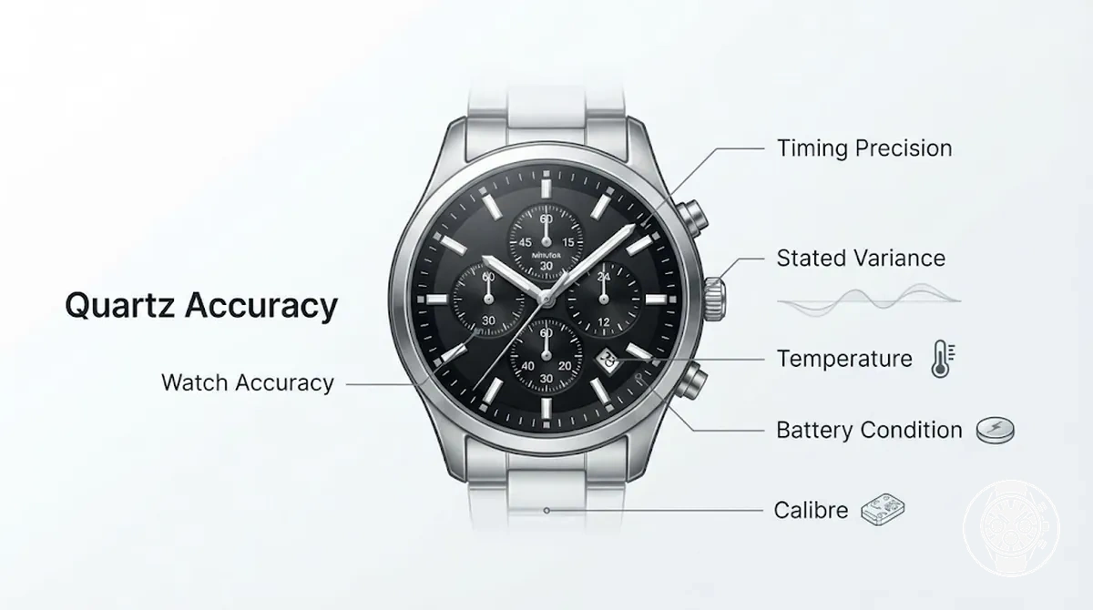 Men’s quartz chronograph watch illustrating accuracy expectations for timekeeping and chronograph timing