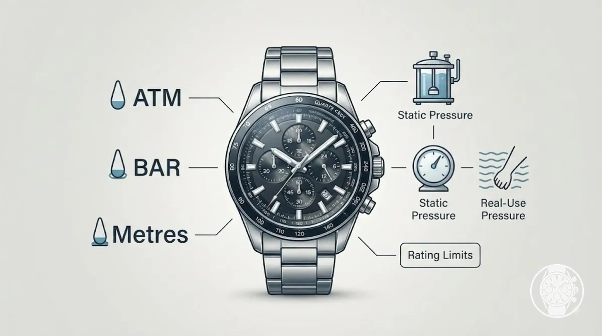 Diagram comparing ATM, BAR, and metre water resistance markings on a chronograph watch.