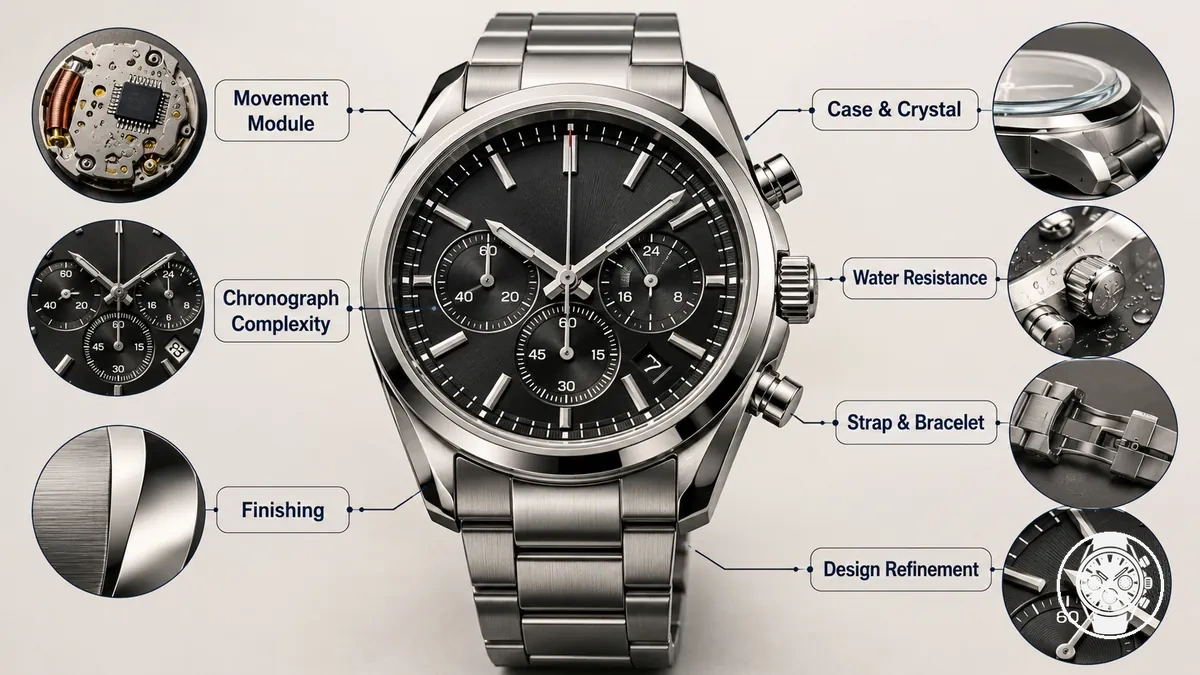 Quartz chronograph details showing material, movement and construction cost drivers