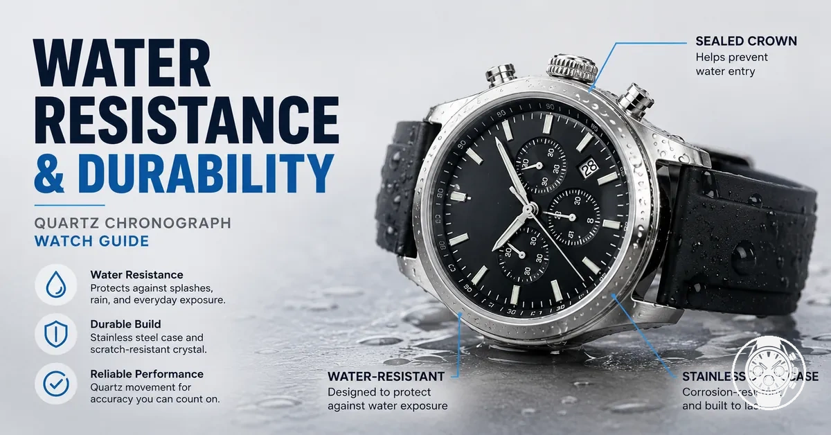 Water-resistant men’s quartz chronograph watch with stainless steel case and sealed crown