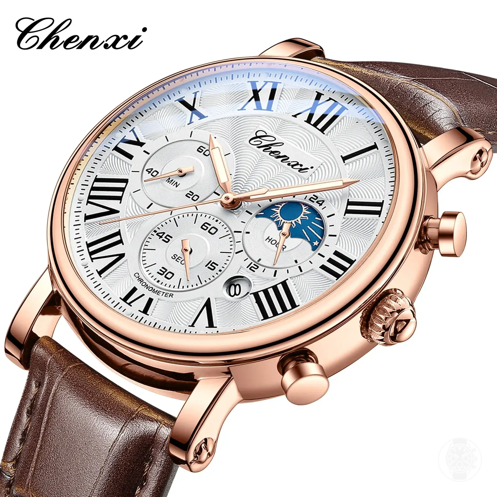Reloj cronógrafo de cuarzo para hombre con correa de piel, fase lunar, fecha y esfera multifunción