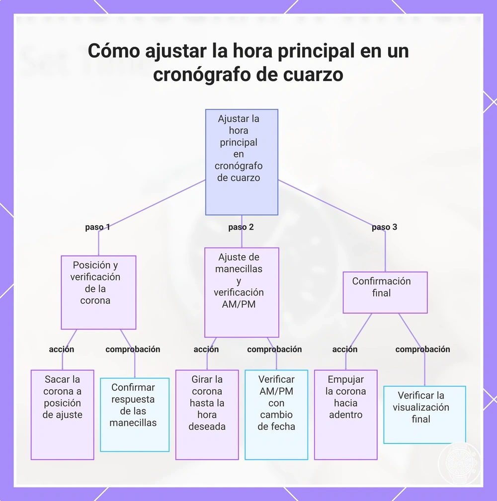 Cómo ajustar la hora principal en un cronógrafo de cuarzo