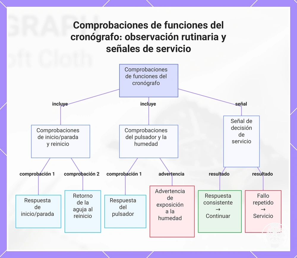 Comprobaciones de funciones del cronógrafo: observación rutinaria y señales de servicio
