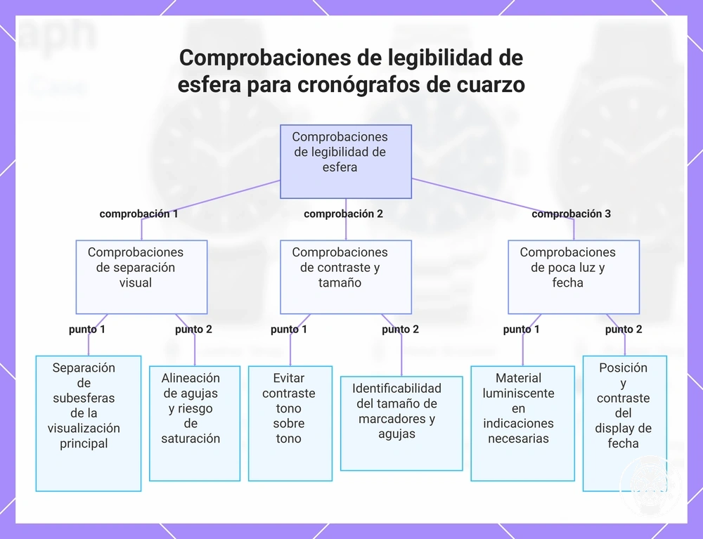 Comprobaciones de legibilidad de esfera para cronógrafos de cuarzo