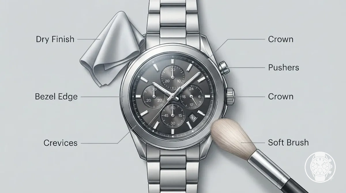 Corona, pulsadores y hendiduras del bisel de un reloj cronógrafo de cuarzo para hombre, señalados para una limpieza suave