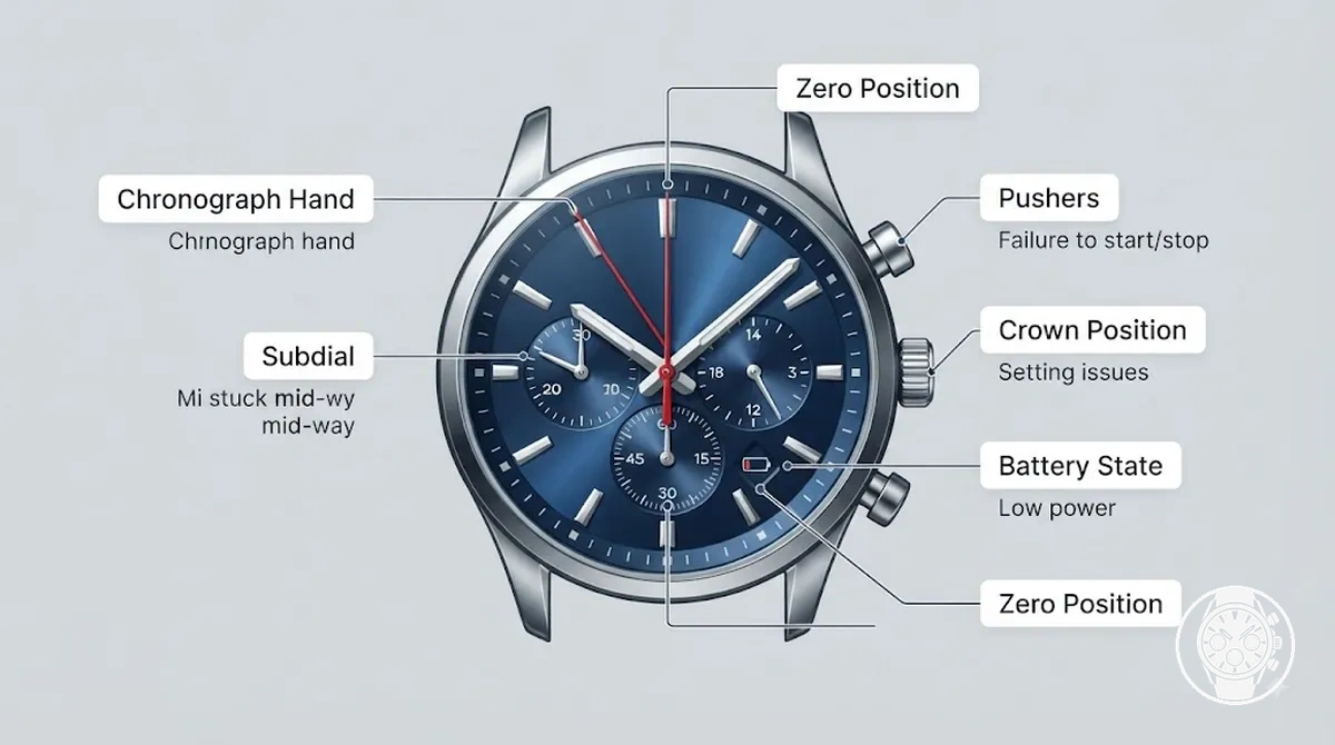 Reloj cronógrafo de cuarzo para hombre anotado con áreas de síntomas comunes que incluyen agujas, subdiales, pulsadores, corona y fallos relacionados con la pila