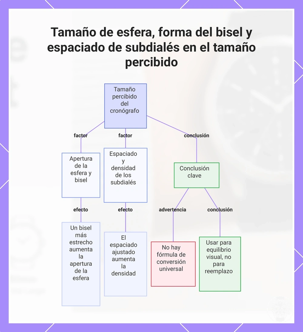 Tamaño de esfera, forma del bisel y espaciado de subdialés en el tamaño percibido