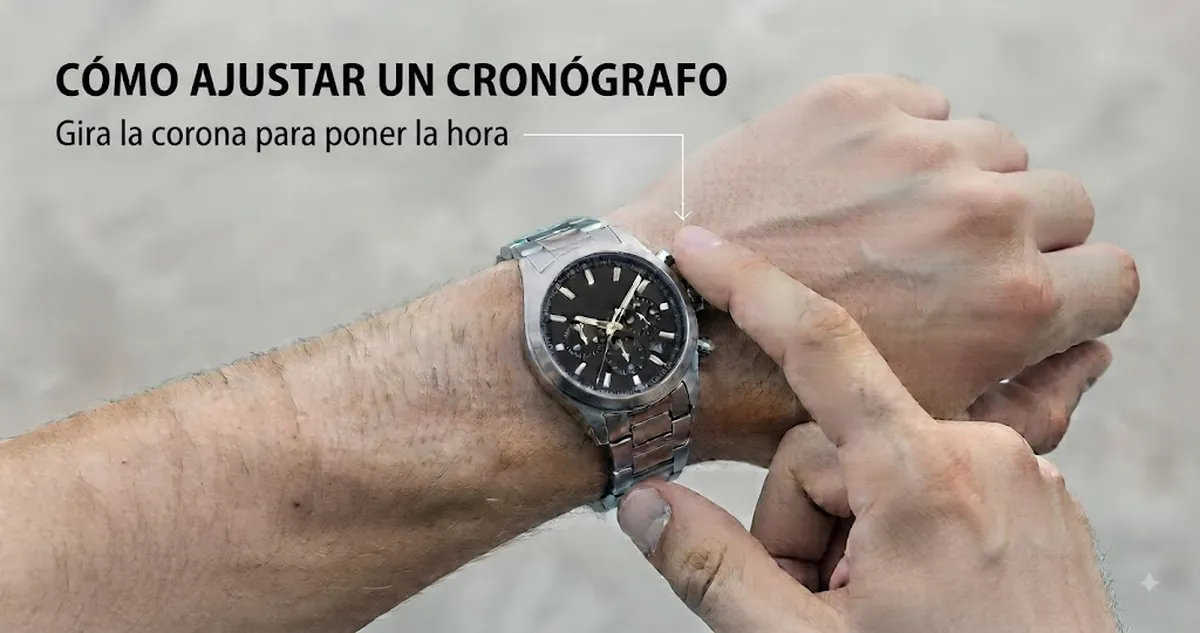 Manos ajustando la corona de un reloj cronógrafo de cuarzo para hombre para poner la hora
