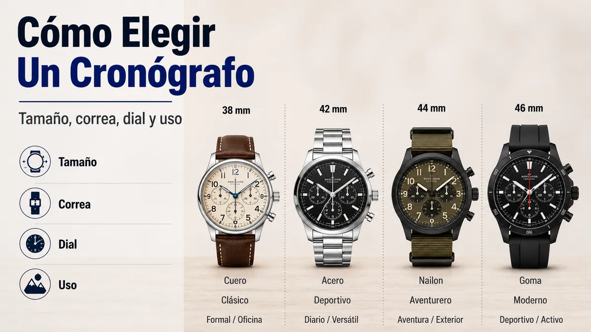 Distintos relojes cronógrafo de cuarzo para hombre comparados por tamaño, correa, dial y uso